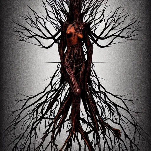 Image similar to digital art, Abstract art, humain female body made of roots, intricate roots, trending on artstation,