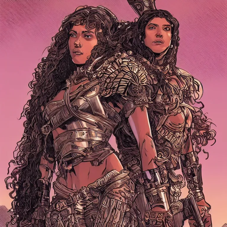 Image similar to scarlett johannson as an amazon warrior, a tall beautiful woman with brown skin and long hair, dressed in hellenistic body armour, intricate, elegant, highly detailed, smooth, sharp focus, detailed face, high contrast, graphic novel, art by laurie greasley