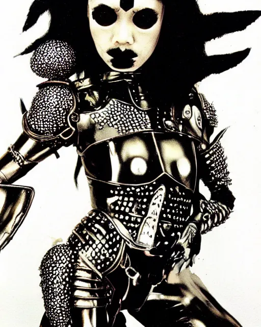 Prompt: portrait of a skinny punk goth yayoi kusama wearing armor by simon bisley, john blance, frank frazetta, fantasy, thief warrior, chrome