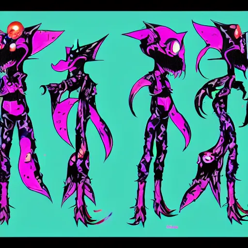 Prompt: character design sheets for a new vampire squid character, artwork in the style of splatoon from nintendo, art by tim schafer from double fine studios, black light, neon, spray paint, punk outfit, tall thin toothpick like frame adult character, fully clothed, gothic, color explosion, sparkles and glitter, pop art