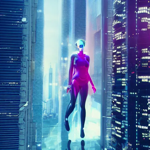 Prompt: futuristic android girl on the roof of skyscraper in cyberpunk neon city on with rain