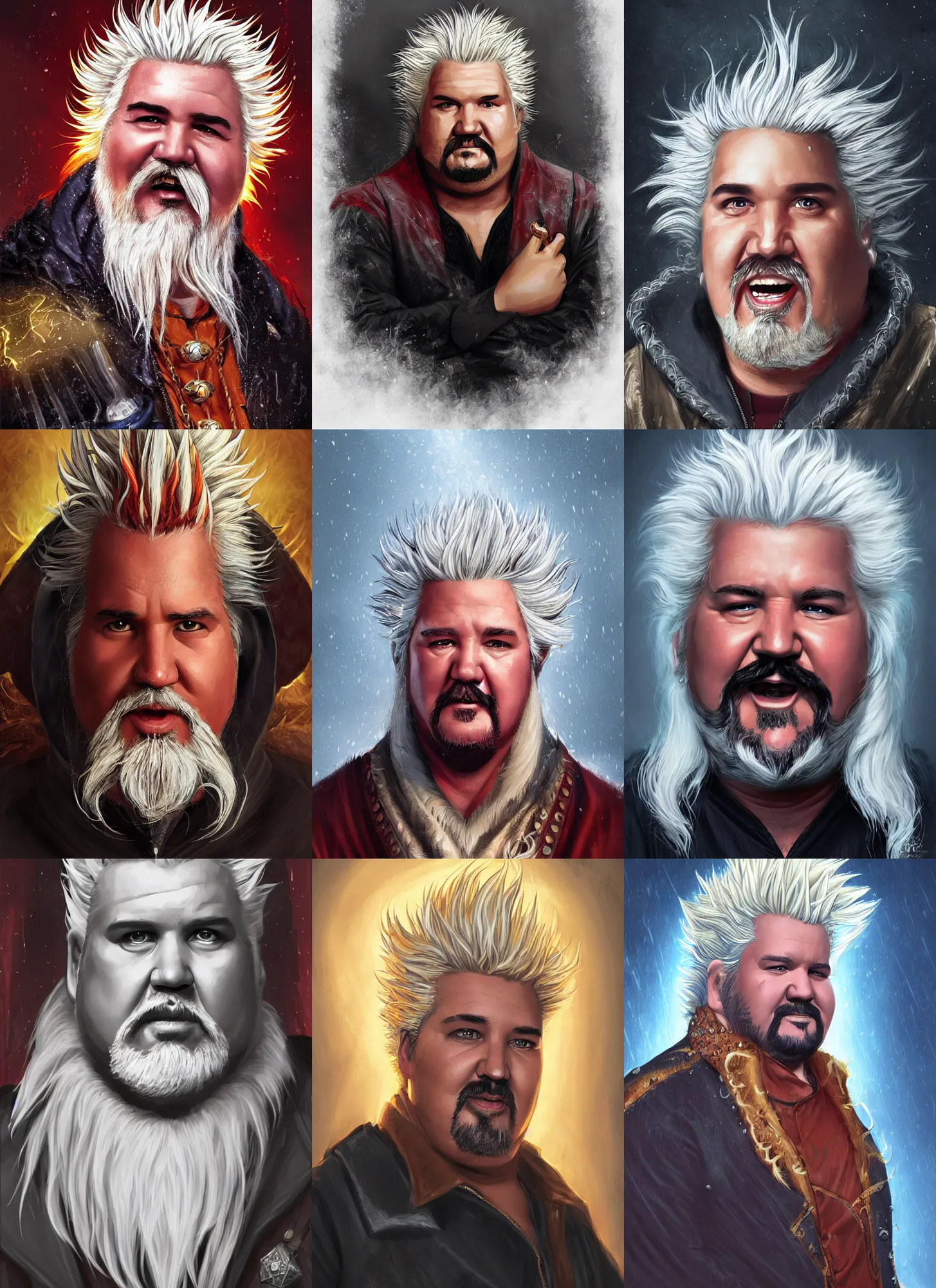 Prompt: portrait (Guy Fieri) as old male warlock, storm, rain, ghost, long hair, beard, moustache, d&d, intricate, elegant, highly detailed, digital painting, artstation, concept art, smooth, sharp focus, illustration, daren bader, aleksi briclot, rutkowski, bouguereau