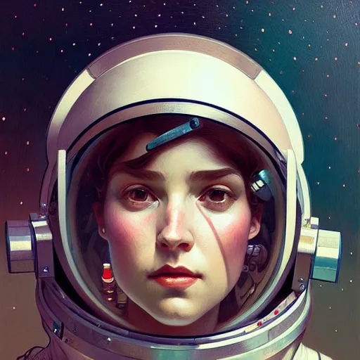 Image similar to A portrait of a girl wearing a vintage sci-fi astronaut helmet and holding a blaster, face, intricate, elegant, highly detailed, digital painting, artstation, concept art, smooth, sharp focus, illustration, art by Krenz Cushart and Artem Demura and alphonse mucha