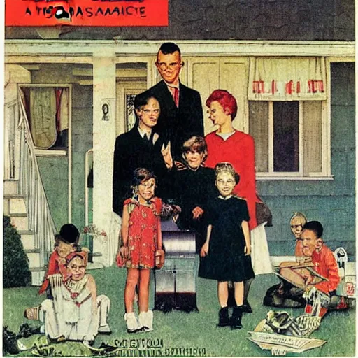 Image similar to Satani States of America, alternate history, 1959 Stepford suburban living, nuclear family, Satanic family, gothic children, drawn by Norman Rockwell