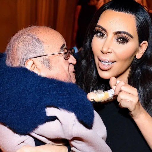 Image similar to kim kardashian feeding danny devito with a baby bottle as he's being held warmly award winning motherly photography