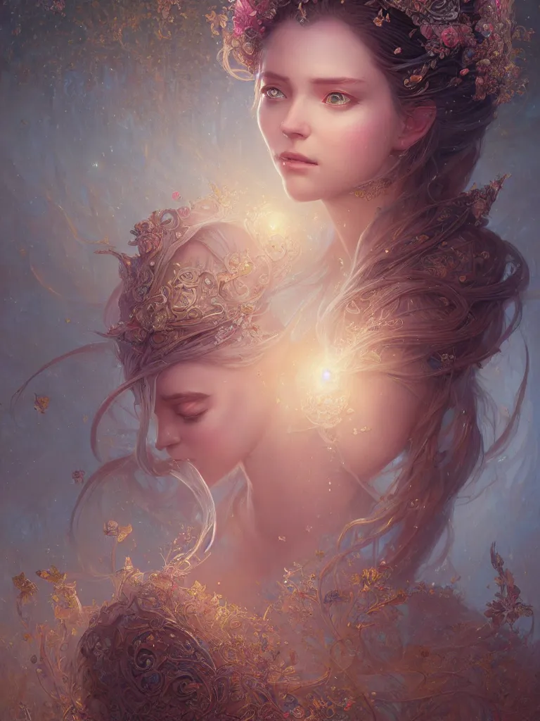 Image similar to highly detailed portrait of beautiful ethereal woman in ornate clothing, stephen bliss, unreal engine, fantasy art by greg rutkowski, loish, rhads, ferdinand knab, makoto shinkai and lois van baarle, ilya kuvshinov, rossdraws, tom bagshaw, global illumination, radiant light, detailed and intricate environment