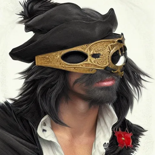 Image similar to portrait, male humanoid black cat, eye patch on one eye, black fur, pirate, doctor, pirate clothes, d & d, fantasy, intricate, elegant, highly detailed, digital painting, artstation, concept art, matte, sharp focus, illustration, art by artgerm and greg rutkowski and alphonse mucha