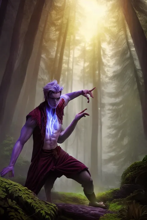 Image similar to a human elemental sorcerer, forest setting, colorful magic, male, white skin, young, sharp focus, concept art, dynamic lighting, unreal engine, by stu harrington