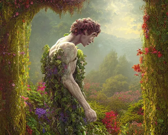 Prompt: a male angel made of vines and flowers and moss, standing in front of a beautiful cottage, a digital painting by thomas canty and thomas kincade and ross tran, art nouveau, atmospheric lighting, trending on artstation