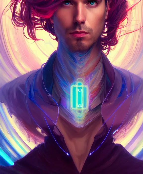 Image similar to a whirlwind inside the metaverse, guy, male, man, hologram, half body, neurochip, android, cyborg, cyberpunk face, by loish, d & d, fantasy, intricate, elegant, highly detailed, colorful, digital painting, artstation, concept art, art by artgerm and greg rutkowski and alphonse mucha