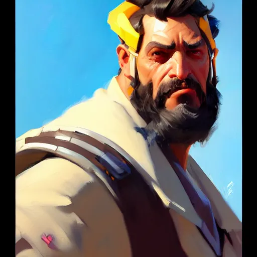 Image similar to Greg Manchess portrait painting of Richard Beebo Russell as Overwatch character, medium shot, asymmetrical, profile picture, Organic Painting, sunny day, Matte Painting, bold shapes, hard edges, street art, trending on artstation, by Huang Guangjian and Gil Elvgren and Sachin Teng