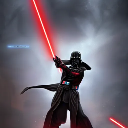 Prompt: darth revan dueling darth vader, artstation hall of fame gallery, editors choice, #1 digital painting of all time, most beautiful image ever created, emotionally evocative, greatest art ever made, lifetime achievement magnum opus masterpiece, the most amazing breathtaking image with the deepest message ever painted, a thing of beauty beyond imagination or words, 4k, highly detailed, cinematic lighting