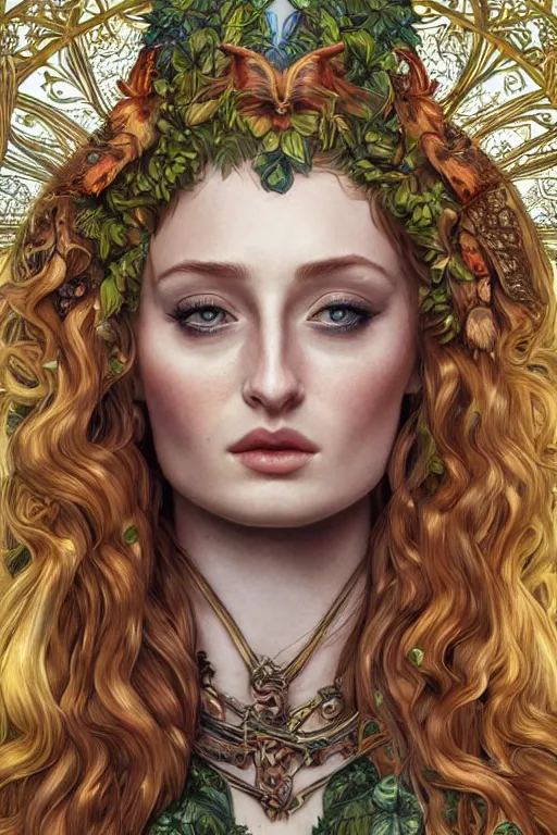 Image similar to Sophie Turner as the Queen of the Jungle, detailed face, cute, fantasy, intricate, elegant, highly detailed, digital painting, 4k, HDR, concept art, smooth, sharp focus, illustration, art by artgerm and H R Giger and alphonse mucha