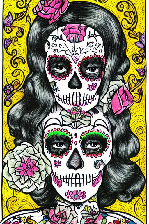 Prompt: Illustration of a sugar skull day of the dead girl, art by howard finster