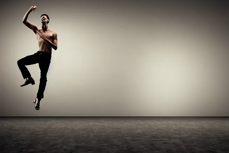 Image similar to A male model boisterously dancing around the room by himself holding an empty wine bottle as he jumps in the air by Lynda Benglis, octane render, 4k, 8k, (sharp) , very very beautiful, stunning, twisted, vanishing, transparent, ethereal