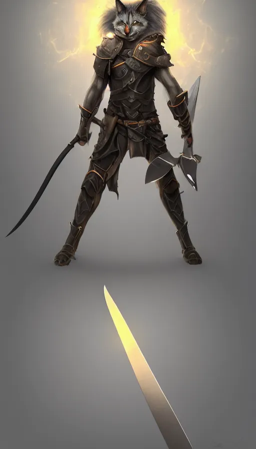 Prompt: character concept portrait, a warrior cat holding a long metal blade in a combat stance, bright glowing. digital painting, concept art, smooth, sharp focus, illustration, 8 k resolution, trending on art station, cinema 4 d, behance hd