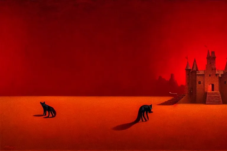 Image similar to only with red, in a red dream world, a crimson tiger, a big deal, a red fox, a castle in the background, in the style of beksinski, part by hopper, part by rodcenko, part by hofbauer, intricate composition, red by caravaggio, insanely quality, highly detailed, masterpiece, red light, artstation