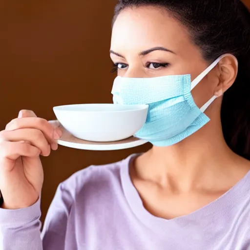 Image similar to woman with a nose mask, eating a plate of soy