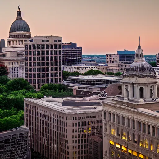 Image similar to madison wisconsin capital being attacked by godzilla ( 1 9 8 9 ) ( eos 5 ds r, iso 1 0 0, f / 8, 1 / 1 2 5, 8 4 mm, postprocessed, bokeh )