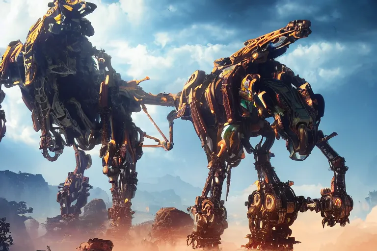 Image similar to tallneck machine mecha animal beast robot of horizon forbidden west horizon zero dawn bioluminiscence global illumination ray tracing hdr fanart arstation by sung choi and eric pfeiffer and gabriel garza and casper konefal