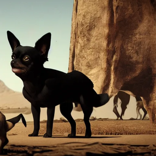 Image similar to The black chihuahua trotted up beside the duke. He sniffed at the air, parched and desperate for water, then inflected his ears to listen. The sound of the wastelands had grown distant over the last few days, but it was still there: the strange howling that had disturbed their sleep during the first week in the wastes.