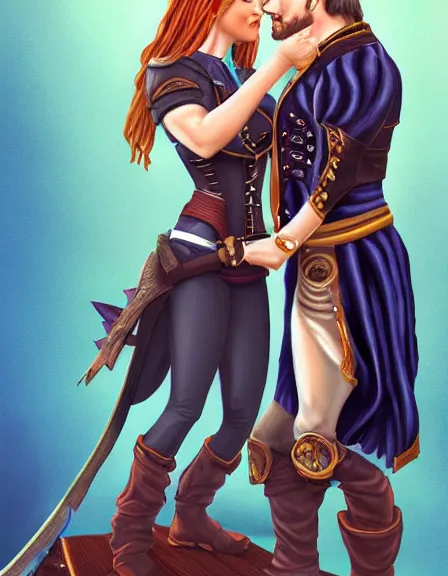 Image similar to couple in love. fully clothed armed female pirate captain, rachel wall, with a male pirate partner, sun, summer, blue eyes, beauty, wisdom, love, strength, knowledge, smart, portrait, symmetrical, highly detailed, digital painting, artstation, smooth, sharp focus, illustration, strength, art nouveau. 8 k