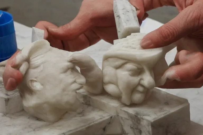 Image similar to a sculptor carving a 3 d printer from a block of marble