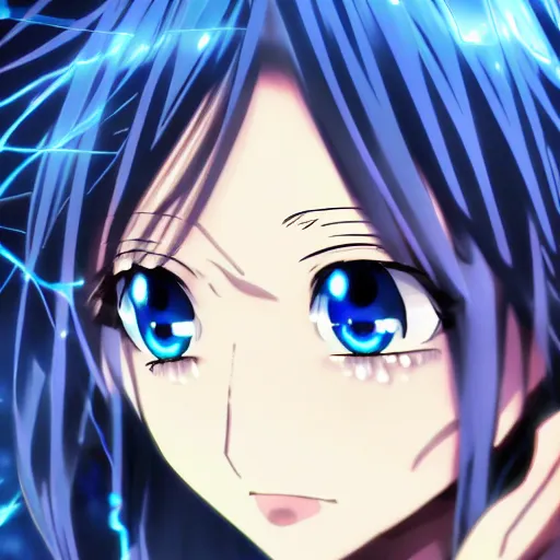 Image similar to key anime visual of a girl with glowing blue eyes; rain falling; close up shot; trending on Pixiv