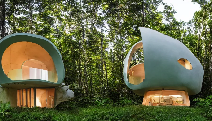 Prompt: A wide image of a full innovative contemporary 3D printed prefab sea ranch style cabin with rounded corners and angles, beveled edges, made of cement and concrete, organic architecture, in a lush green forest Designed by Gucci, Balenciaga, and Wes Anderson, golden hour