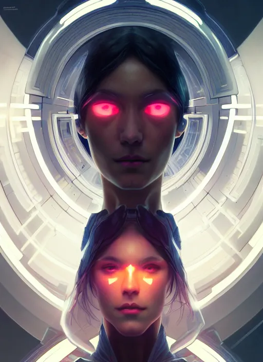 Image similar to symmetry!! self portrait, tech wear, scifi, glowing lights!! intricate elegant, highly detailed, digital painting, artstation, concept art, smooth, sharp focus, illustration, art by artgerm and greg rutkowski and alphonse mucha