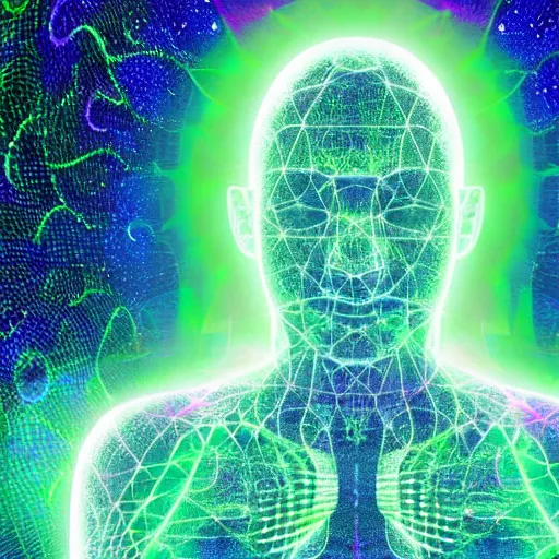 Prompt: As we move into the holographic space which is complete where we become as a complete and whole matrix of consciousness, and we as different people vibrate at different states of evolution, as different pieces of a living system as vibrating or being conscious.