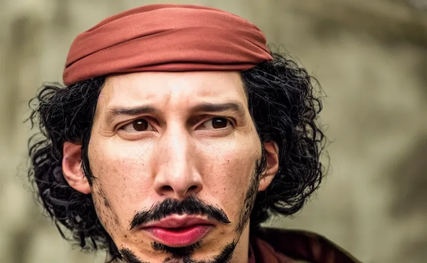 Image similar to Adam Driver as Gaddafi in 'Ddafi' (2025), movie still frame, oscar nominated cinematography, volumetric lighting, 8k resolution, beautiful composition