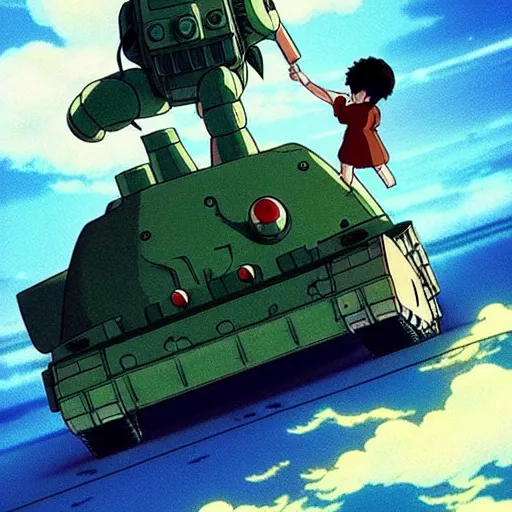 Image similar to a beautiful movie still in the style of Studio Ghibli anime showing a tank fighting an Alien from Aliens (1986). Studio Ghibli, trending on artstation, trending on behance