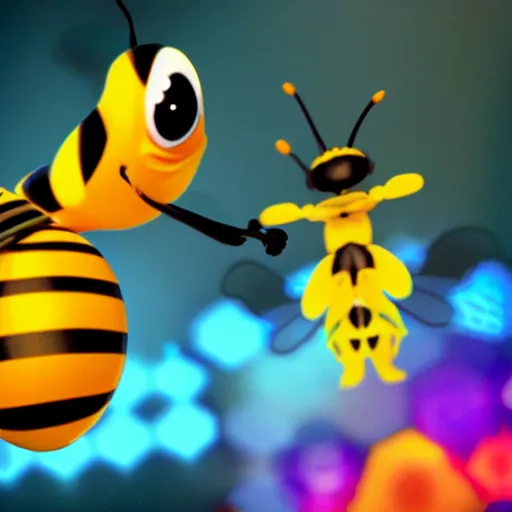 Image similar to a disney cartoon of a bee from Pixar with eyes that reflect a blue electric guitar, a background of orange hexagons filled with colored lights