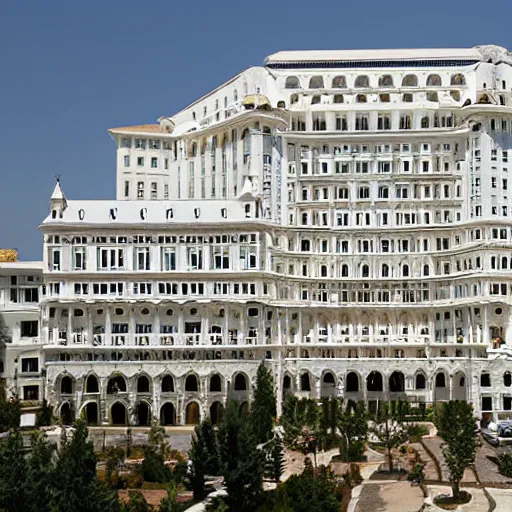 Prompt: a white grand hotel, with a hundred of windows, and a fountain at the yard of the hotel, satellite view photo