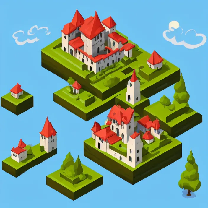 Image similar to isometric cartoon art of a small castle, white background