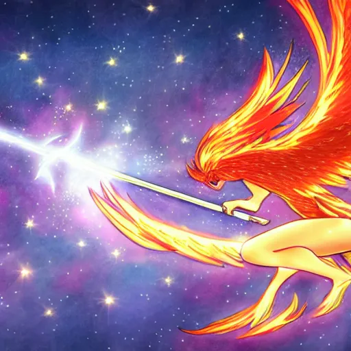 Image similar to anime girl phoenix shooting a flaming arrow into a starry sky, anime art, highly detailed