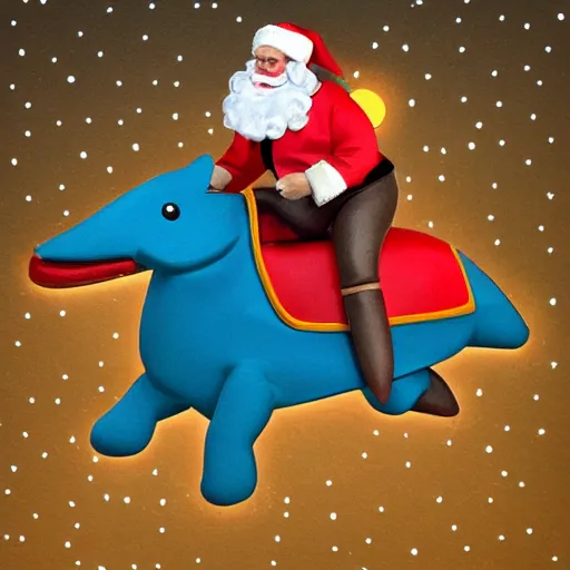 Image similar to santa riding a dolphine with a spacesuit on