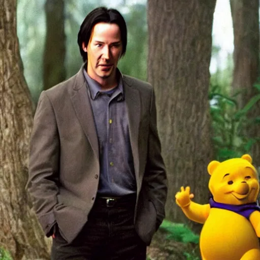 Image similar to A still of Keanu Reeves as Winnie the Pooh