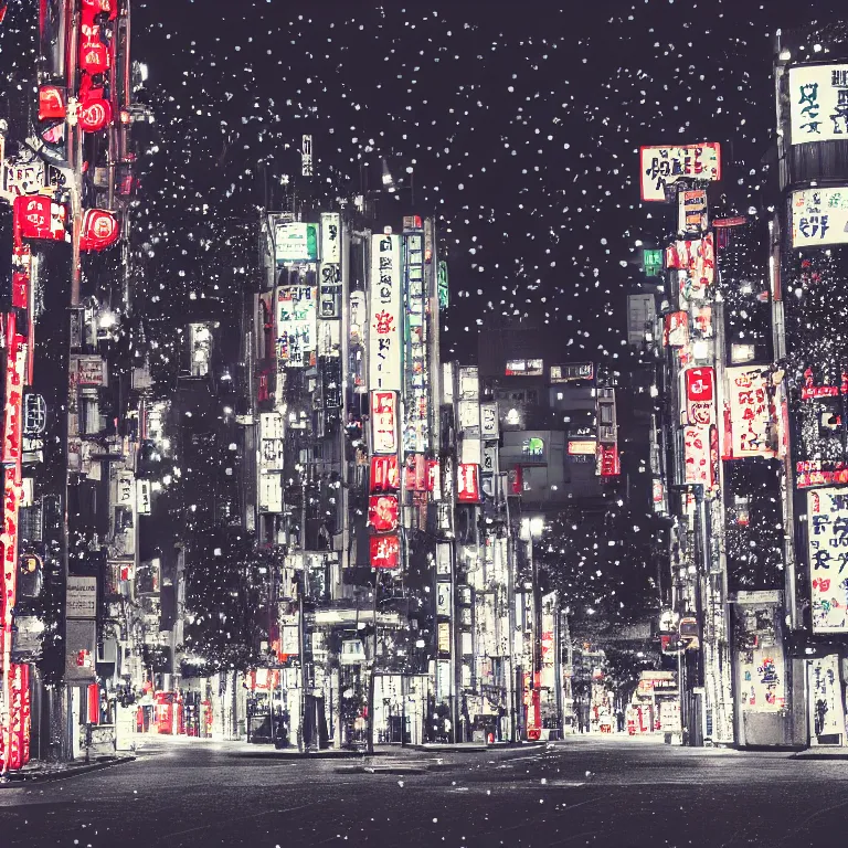 Image similar to illustration of tokyo with many lights and lens flares, snowy winter christmas night