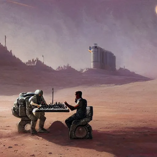 Image similar to Tanks playing chess on the moon oil painting by Greg Rutkowski