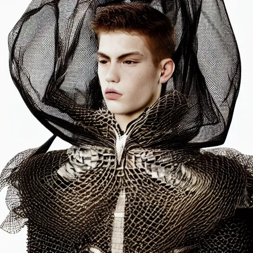 Prompt: a portrait of a beautiful young male wearing an alexander mcqueen armor made of net , photographed by andrew thomas huang, artistic