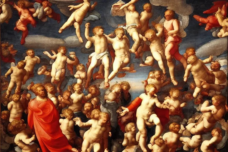 Prompt: humans ascending into heaven by raphael, masterpiece, detailed, epic