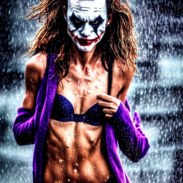 Image similar to fully body pose, photo of a very beautiful!! victoria secret model, the joker, wet hair, raining, 8 k, hdr, smooth, sharp focus, high resolution, award - winning photo, trending on artstation, dslr, 5 0 mm