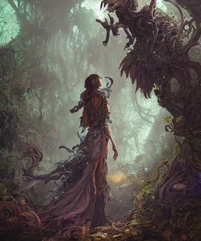 Image similar to a woman spore druid with fractal themed clothing, fully clothed, pet animal, D&D, fantasy, intricate, cinematic lighting, highly detailed, digital painting, artstation, concept art, smooth, sharp focus, illustration, art by Artgerm and Greg Rutkowski and Alphonse Mucha