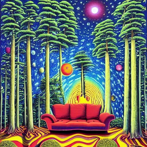 Prompt: psychedelic trippy mushroom pine forest, planets, milky way, sofa, cartoon by rob gonsalves