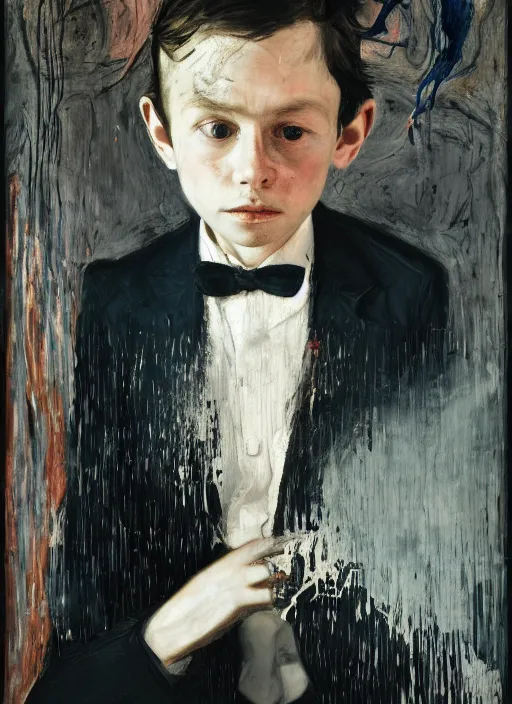 Image similar to portrait of a child piano player in suit waiting, vincent lefevre and beeple and hernan bas and pat steir and hilma af klint, psychological, photorealistic, background with strange perspective, symmetrical face, dripping paint, washy brush, rendered in octane, altermodern, grain, masterpiece