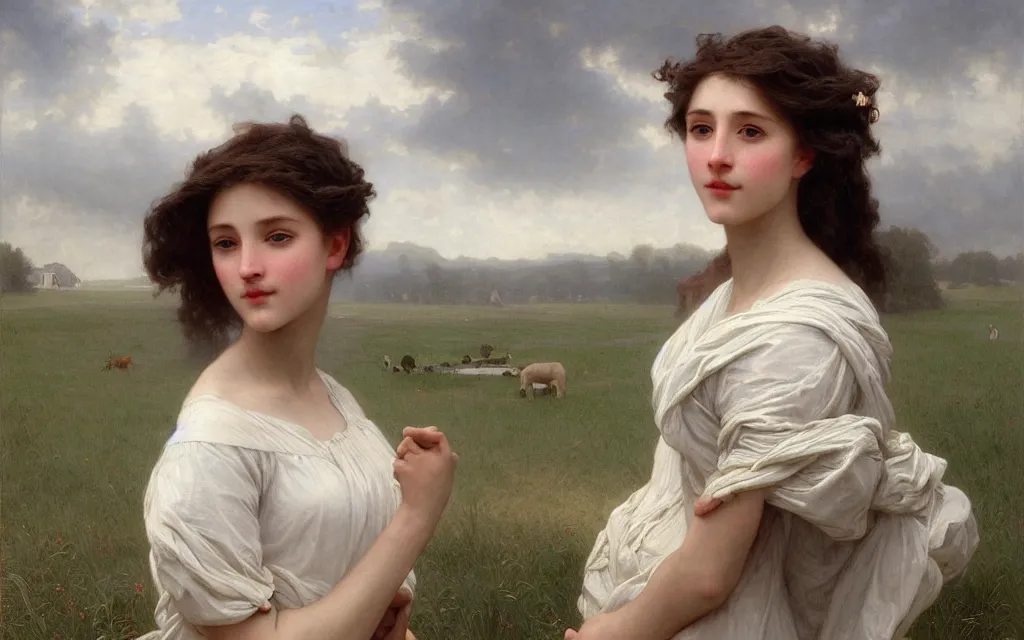 Prompt: a beautiful young woman, a beautiful farm in the background, dramatic weather, by William Adolphe Bouguereau, by Edgar Maxence, by Ross Tran and Michael Whelan,trending on artstation