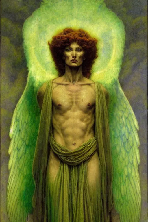 Image similar to a portrait of archangel raphael in a green toga by wayne barlowe, gustav moreau, goward,  Gaston Bussiere and roberto ferri, santiago caruso, and austin osman spare, ((((occult art))))