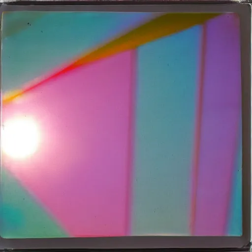 Image similar to a pastel coloured Polaroid photo of a sun shade made of transparent iridescent perspex stood in a field, beams of light, nostalgic